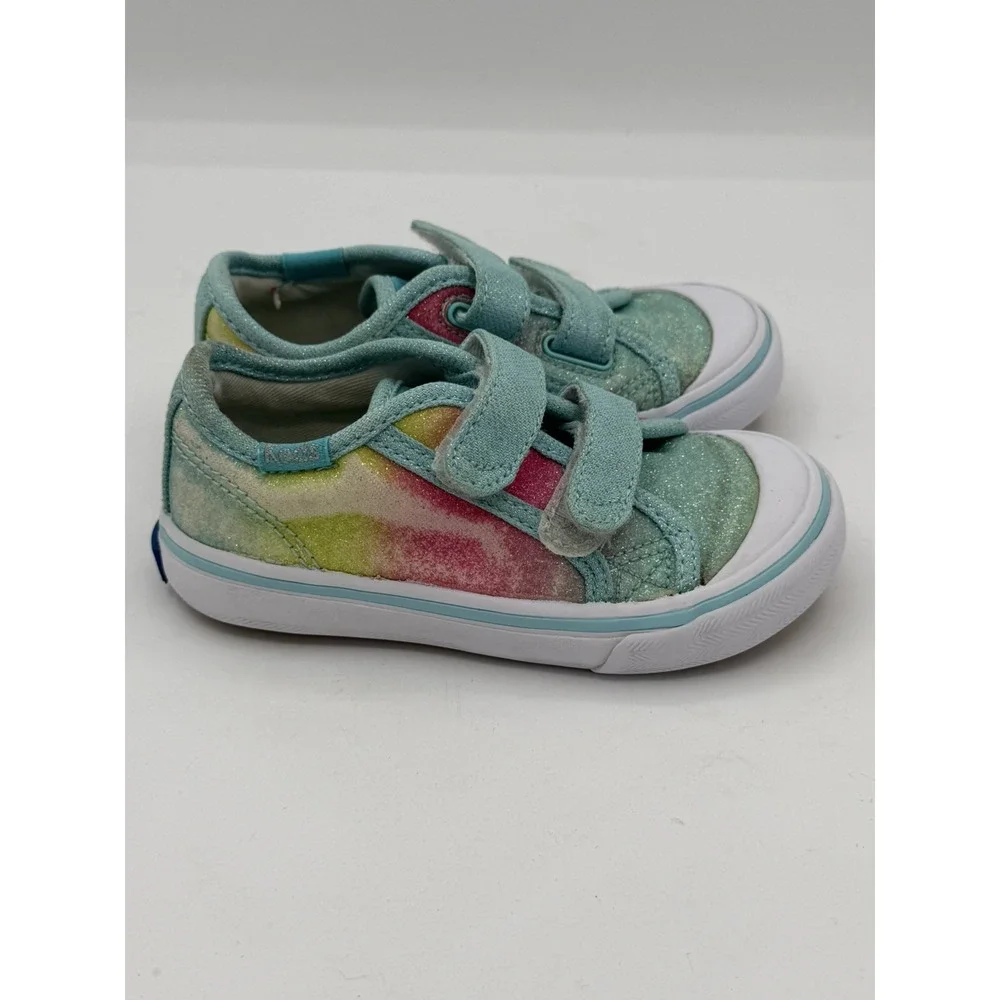 Keds Kids Glittery Hook & Loop Turquoise Multi-stripe Colorway Sneakers Size 7